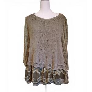 Vintage Y2K Feratelli Lagenlook Olive Green TUnic Top Ruffled Cotton Linen